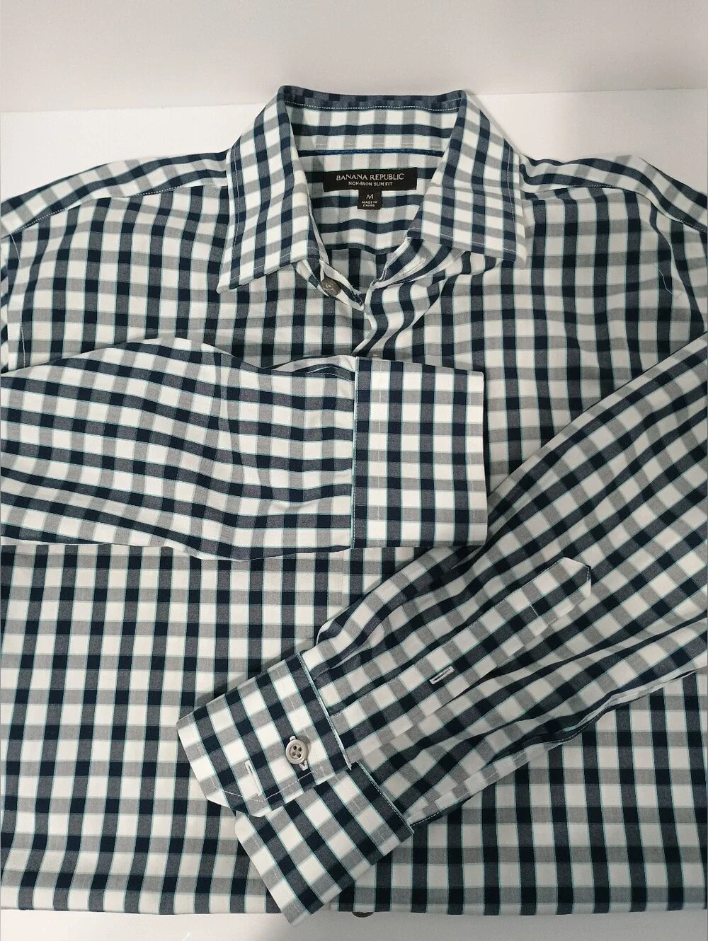 Banana Republic Men’s Blue Gray Plaid Non-Iron Slim Fit Button Down Shirt Size M